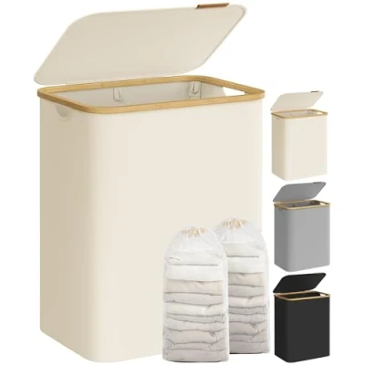 Afbeelding van SONGMICS LCB513W01 Wasmand met deksel 2 vakken, 130 liter, afneembare zak, Oxford stof, handgrepen van bamboe, opvouwbaar, 52 x 38,5 70,5 cm, crèmewit