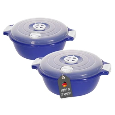 Afbeelding van Lantelme® Set van 2 magnetronschalen liter met stoomventiel blauw stapelbaar deksel 22 cm x 9