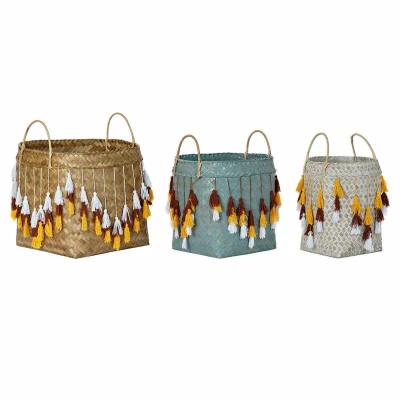 Afbeelding van Basket spelset DKD Home Decor Multicolour Bamboe Franjes Boho 3 Onderdelen