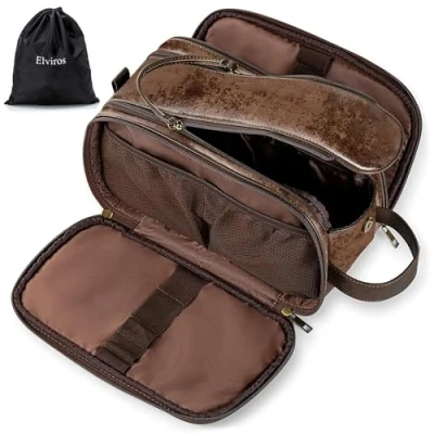 Afbeelding van Elviros Waterbestendige lederen toilettas voor mannen grote reistas scheren Dopp Kit Badkamer Gym Toiletten Make up Organizer met gratis natte droge tas (Chocolade, 30,5 x 17 18 cm)