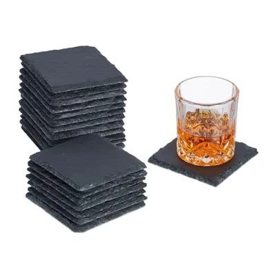 Afbeelding van Relaxdays Onderzetters van leisteen, vierkant, 10 x cm, antraciet, 20 stuks
