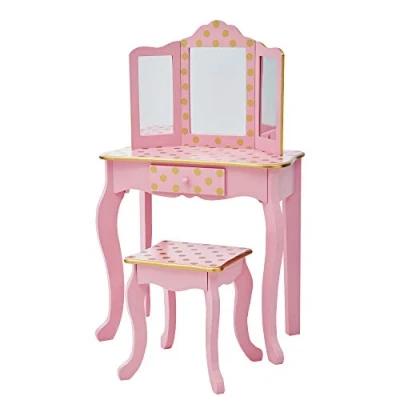 Afbeelding van Teamson Kids Houten Kaptafel Kinderen Tafel en Stoel Set Polka Dot Roze/Goud