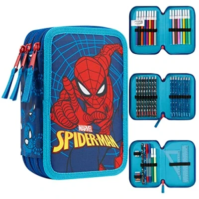 Afbeelding van Marvel Pennenetui voor jongens, etui met vakken, gevuld schoolbenodigdheden, vilt, kleurpotlood, cadeau de eerste schooldag, Spiderman Triple Zip, Pennenhoezen