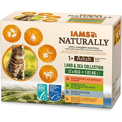 Afbeelding van Iams Naturally Adult Land &amp; Sea Collection Multipack Kattenvoer Vlees Vis 12x85 g