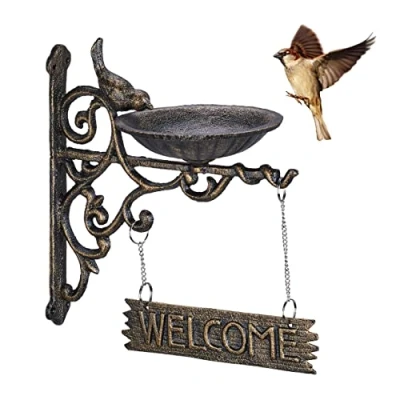 Afbeelding van Relaxdays vogelbad gietijzer welcome bordje muur hangende vogeldrinkschaal brons