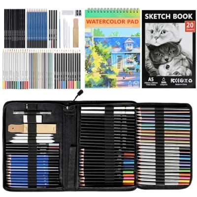 Afbeelding van TAVADA 76 stuks professionele kleurpotloden voor aquarel, tekenaccessoires met schetsboek en aquarelpapier, kunstenaars, beginners, studenten, kinderen