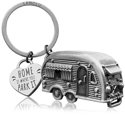 Afbeelding van LANOLU caravan sleutelhanger, camper, cadeau voor camping en kampeerders, 3D hanger, accessoires van metaal, Vintage zilver