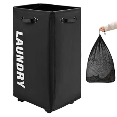 Afbeelding van DOKEHOM 29 inch extra grote wasmand met verwijderbare waszak op wielen, opvouwbare rollende wasmand, kledingorganizer, wascontainer (zwart)