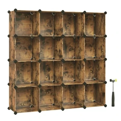 Afbeelding van SONGMICS modulair schoenenrek, rek met 16 kubussen, kledingkast, huisdierhek, slaapkamer, cabine, ingangskast, 31 x 123 cm, vintage bruin