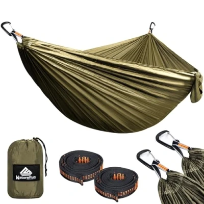Afbeelding van NATUREFUN Ultralichte hangmat voor camping, reizen, draagkracht 300 kg, (300 x 200 cm), sneldrogend parachutenylon, 2 premium karabijnhaken, nylon draagriemen inbegrepen