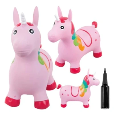 Afbeelding van Opblaasbaar springdier, speelgoed voor kinderen van 1 jaar binnen en buiten, ergonomisch design, inclusief handpomp (roze eenhoorn)