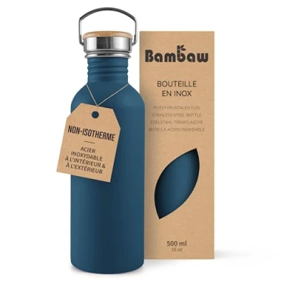 Afbeelding van Bambaw® Waterfles 500 ml Enkelwandige drinkfles RVS Niet Geïsoleerd Lekvrij, en Plasticvrij met Bamboe Dop Water Fles Perfect voor Reizen, Werk, Yoga, Wandelen Dagelijks Gebruik blauw