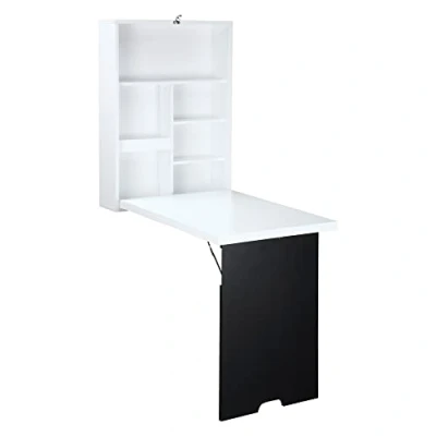 Afbeelding van Homcom bureau, wandtafel, inklapbaar, om op te hangen, een voet, plank + krijtbord, MDF, wit