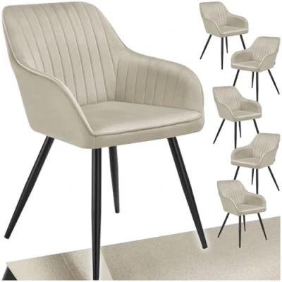 Afbeelding van tectake® 6 x Stoel Marilyn Elegante Fluwelen Gestikte Eetkamerstoelen in Creme/Zwart