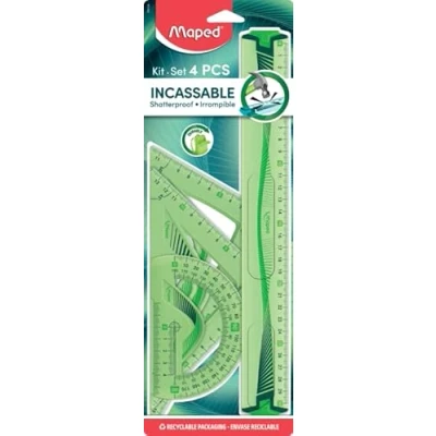 Image de Maped Maxi Kit de Traçage INCASSABLE avec 4 Pièces Règle 30cm, Rapporteur 180/12cm, Equerre 60/21cm, 45/21cm Coloris Aléatoire Bleu ou Vert
