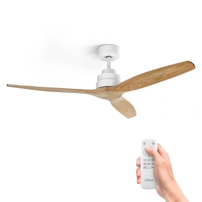Afbeelding van Ufesa CFTB Plafondventilator, 40 W, 6 snelheden, ultrastil, 3 bladen van natuurlijk hout, 132 cm, zomerfunctie, winter, timer 8 uur, afstandsbediening, wit, licht hout