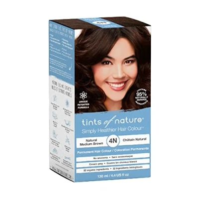 Image de Tints of Nature 4N Natural Medium Brown Permanent Hair Dye, Nourishes and Covers Greys, Ammonia Free, 130ml