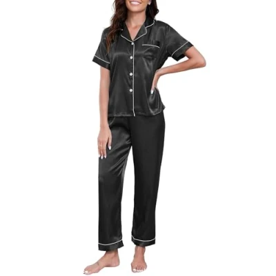 Afbeelding van ReliWel zijden pyjamaset voor dames, top met korte mouwen en lange broek, tweedelige pyjama knoopsluiting bruidsmeisjes, comfortabele nachtkleding, kleding, zwart.