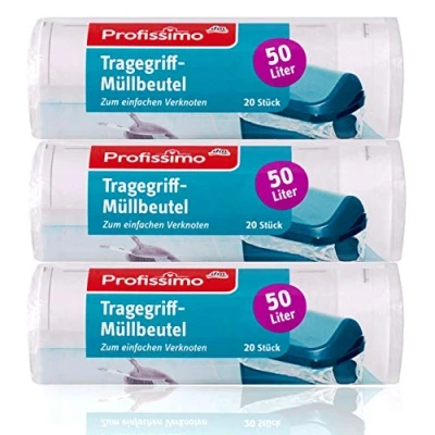 Afbeelding van Profissimo Vuilniszakken met draaggreep, 3 stuks, 50 liter (60 stuks), scheurvast en vloeistofbestendig, (3 x 20 stuks)