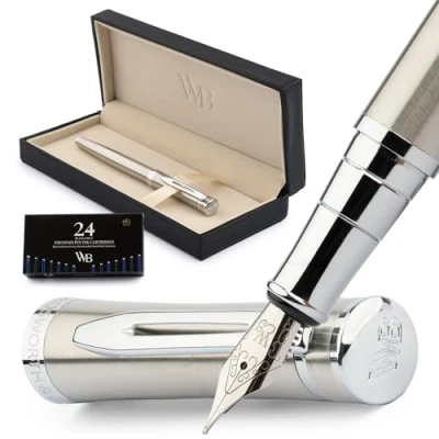 Afbeelding van Wordsworth &amp; Black Vulpennen set, Medium penpunt, inclusief 6 inktpatronen en inktvulomvormer, Geschenkdoos, Kalligrafie, soepele schrijfpennen [Zilver Chroom], Perfect voor Mannen Vrouwen