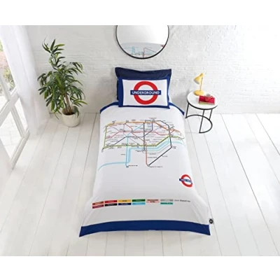 Afbeelding van London Underground Tube Dekbedovertrek en Kussensloop Beddengoed Eenpersoonsbed, Wit