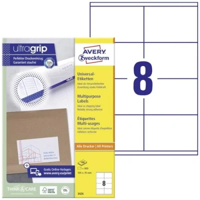 Afbeelding van Avery Zweckform 3426, Universele etiketten, Ultragrip, wit, 100 vel, 8 per ft 105 x 70 mm etiket