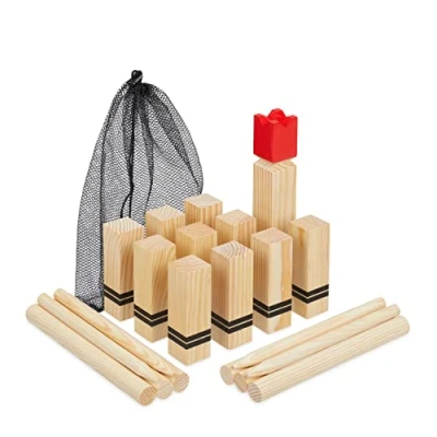Afbeelding van Relaxdays kubb spel hout 22 delige strandspel vikingkubb netje blokkenspel