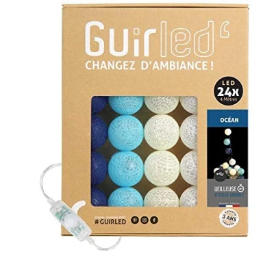 Afbeelding van GuirLED Lichtketting met bolletjes van katoen, USB, 2 uur nachtlampje voor baby&#039;s, incl. A dubbele USB adapter, 3 intensiteiten, 24 bolletjes, 2,4m, Océan