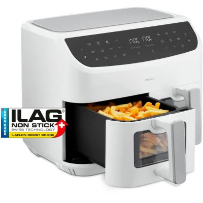 Afbeelding van Medion P20 XXL heteluchtfriteuse met dubbele zone (MD11760) 2 aparte kookzones 9 automatische programma&#039;s 8,7 L totale netto inhoud 2.600 watt temperatuur instelbaar tot 200 C