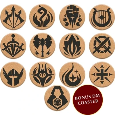 Afbeelding van DND onderzetters van kurk, set 12 met pictogram + 1 spelmeester, ideaal cadeau voor D&amp;D spelers, rollenspel/JdR, MJ, accessoires Dungeon en Draak/Dungeons &amp; Draken