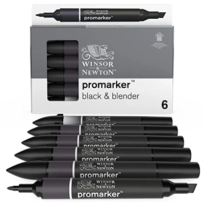 Afbeelding van Winsor &amp; Newton ProMarker 0290116 professionele marker set van 6 2 punten, fijn en breed voor tekeningen, design lay out, verpakking (6 x 5 zwart mixer)