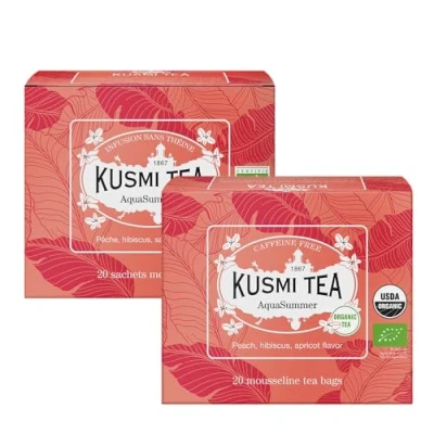 Afbeelding van Kusmi Tea AquaSummer Lot de 2 boîtes Infusion Bio Mélange d&#039;Hibiscus et Fruit Saveur Pêche Abricot À Déguster Chaud ou en Thé Glacé sans Théine 2x20 Sachets