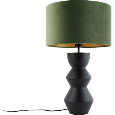 Afbeelding van QAZQA Design tafellamp zwart 16 cm velours kap groen met goud 35