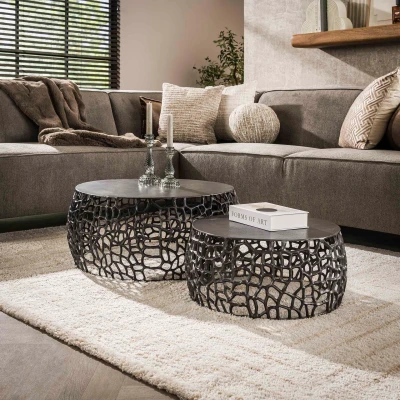 Afbeelding van Hoyz Salontafel Maze Zwart/Grijs Metaal Set van 2 75x75x30