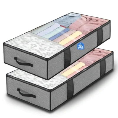 Afbeelding van Opbergdozen voor onder bed, 90 liter, opbergdozen, opvouwbare opbergdoos met ritssluiting en handgrepen, kleding, dekbedden, dekens, 2 stuks