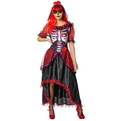 Afbeelding van Rubie&#039;s Le Catrina kostuum voor dames, bedrukte jurk en hoofdband, officieel Halloween, carnaval, feestjes cosplay