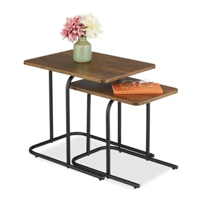 Afbeelding van salontafel set van 2 groottes hout look metalen poten donkerbruin zwart