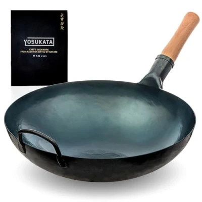 Afbeelding van YOSUKATA Woks en braadpannen 36 cm Voorgekruide Wok met ronde bodem Blue Carbon Steel Compatibel gasfornuizen open vuur Traditionele Chinese (blauw)