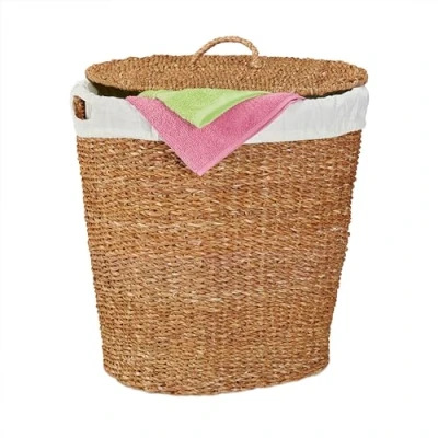 Afbeelding van Relaxdays wasmand zeegras 50 L met deksel katoenen waszak handvatten gevlochten