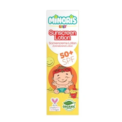 Afbeelding van Minoris Baby Zonnebrandlotion SPF 50+ Biologisch, Natuurlijk &amp; Minerale Inhoud Zonnebescherming voor Gevoelige Huid Hypoallergeen, Vegan, Rifvriendelijk, Waterbestendig, Breedspectrum, Dermatologisch Getest 150 ML