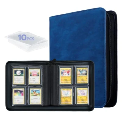 Afbeelding van Tolesum Toploader Verzamelkaartenalbum voor 112 verzamelkaarten, 4 vakken met 10 kaarten aan de bovenkant, harde hoezen Magic, YuGi Oh, MTG blauw