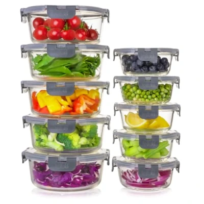 Afbeelding van Igluu ​​Meal Prep Ronde voedselopslagdozen van glas met lekvrij Snap Lock deksel magnetronbestendig, herbruikbaar, BPA vrij (10 blikjes en 10 deksels) 950 ml 400