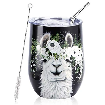 Afbeelding van Nymphfable 12oz Roestvrijstalen Beker Met Deksel En Rietje Wijn Tumbler Alpaca Bloem GeïSoleerde Reismok Dubbelwandig