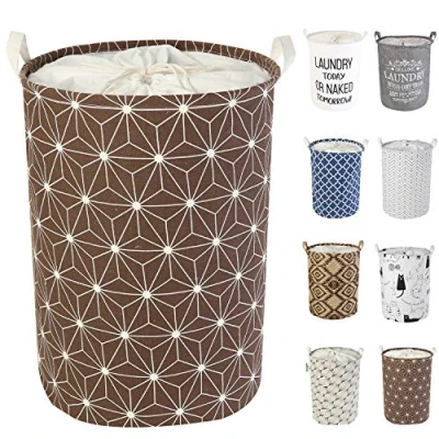 Afbeelding van LessMo 19,7 inch wasmand met trekkoord, opbergsorteerder, pop up opvouwbaar, waterdicht rond katoenen linnen voor slaapkameropslag babykleding speelgoed