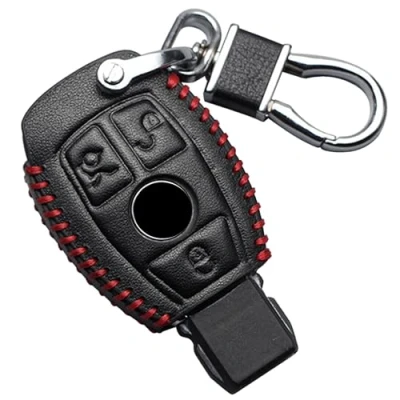 Afbeelding van Autosleutelhoes lederen sleutelhoes voor Mercedes Benz A B C E G K R S Klasse AMG CLA GLA VITO GLE ML GLK CLK draadloze sleutel accessoires afstandsbediening (rode naden, 3 toetsen)