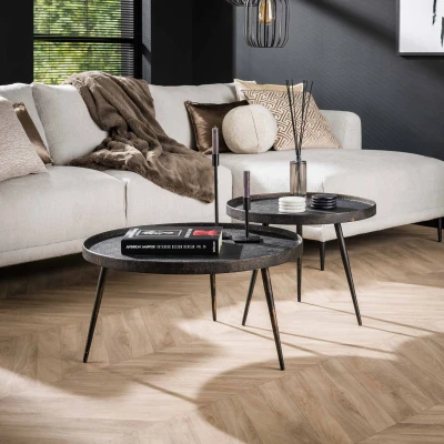 Afbeelding van Hoyz Salontafel Rond Metallic Zwart Set van 2 76x76x40