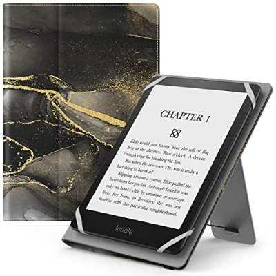 Afbeelding van MoKo Universele hoes voor Kindle eReaders Fire 6 inch, 6,8 7 inch tablet Kindle/Kobo/Voyaga/Lenovo/Sony E Book, lichtgewicht PU lederen fliphoesje met polsband, zwart goud marmer