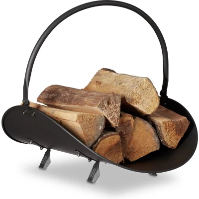 Afbeelding van Relaxdays houtmand zwart haardhout mand open haard metaal houtopslag binnenshuis