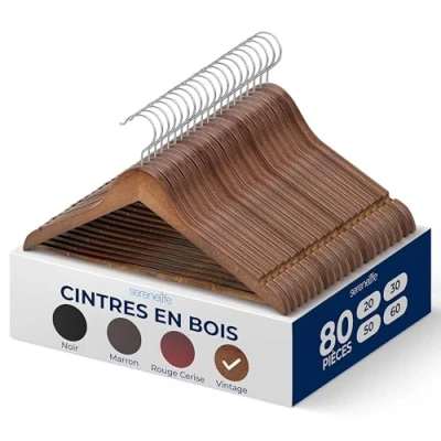 Image de SereneLife Cintres en Bois Fins Lot de 80 Solides avec Crochet Pivotant 360 Design Gain Place Pour Manteaux, Vestes, Robes, Pantalons Supportent jusqu’à 4,5 kg
