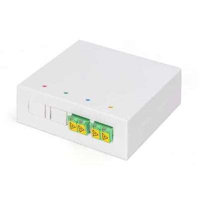 Afbeelding van DIGITUS Boîtier FTTH 2 coupleurs duplex LC/APC avec obturateur fibre optique monomode Cassette d&#039;épissure à intégrée Classe de protection IP45 Montage mural ou rail DIN Blanc